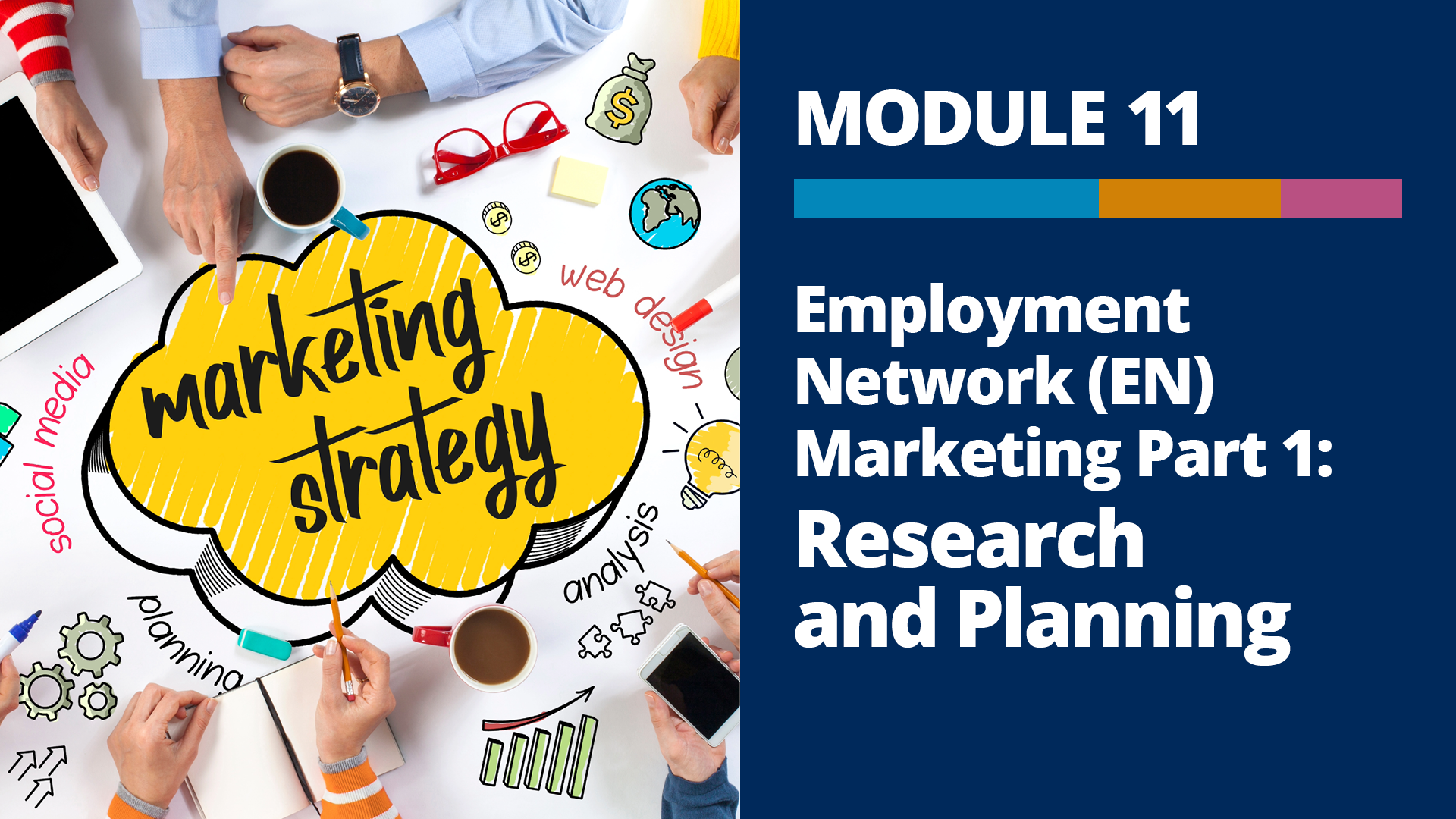 A graphic with a photo of coworkers around a table, pointing to different parts of an illustration of marketing topics and icons that is covering the table, and the words, “Module 11, Employment Network (EN) Marketing Part 1: Research and Planning” on a dark blue background to the right of the photo.