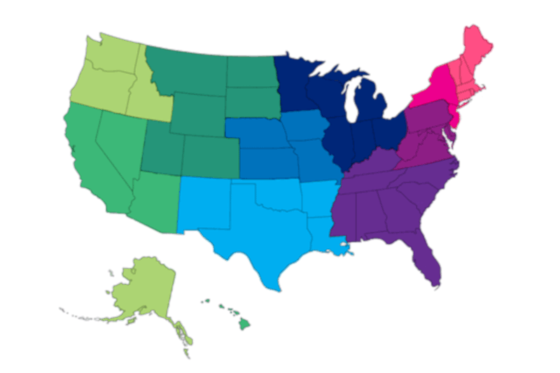 Map of USA showing states divided into 10 Social Security Administration regions